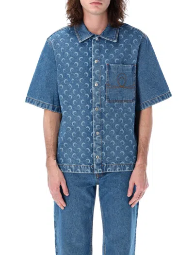 Marine Serre Moon Laser Denim Workwear Shirt In Navy