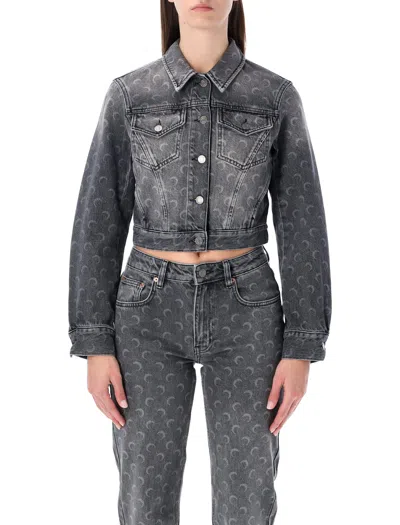 Marine Serre Moon Laser Grey Wash Cropped Denim Jacket In Gray