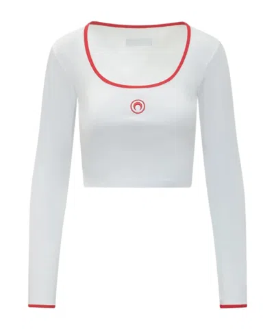 Marine Serre Moon Logo Bicolor Jersey Ls Roundneck T-shirt In White