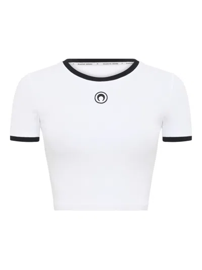Marine Serre White Cropped Crewneck T-shirt With Logo Embroidery On The Front