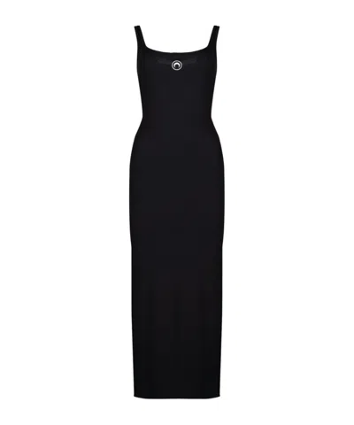 Marine Serre Moon Logo Ribbed Jersey Long Dress In Black