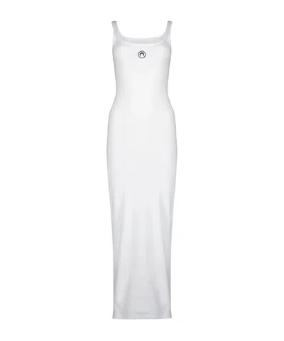 Marine Serre Moon Logo Ribbed Jersey Long Dress In White