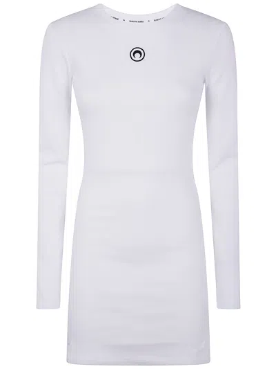 Marine Serre "moon" Logo Ribbed Jersey Long Sleeves Mini Crewneck Dress In White