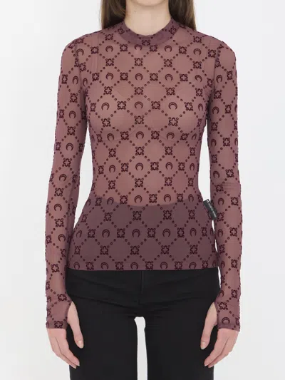 Marine Serre Moongram Mesh Flock Ls Highneck Top Woman Aubergine In Black