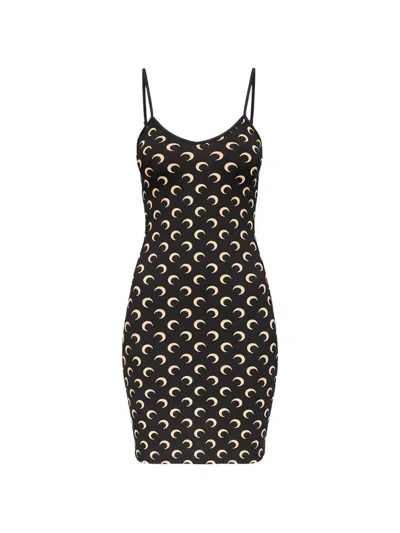 Marine Serre Lunar Print Fitted Mini Dress Scoop Neckline In Black