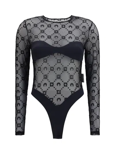 Marine Serre Moon Motif Mesh Bodysuit In Black