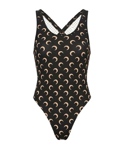 Marine Serre Moon Phase Print Swimsuit In Black