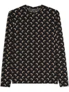 Marine Serre Black Crewneck Top With All-over Moon Print In Tech Fabric Stretch Woman In Brown