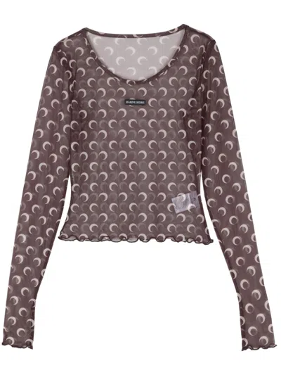 Marine Serre Moon-print Mesh Crop Top In Brown