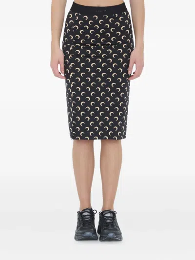 Marine Serre Midi Skirt With All-over Print And Elastic Waistband In Black