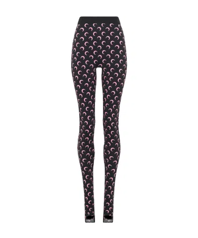 Marine Serre Moon Print Plain Weave Knitted Tight Pants In Black