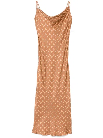 Marine Serre Fitted Satin Mini Dress With Moon Print In Brown