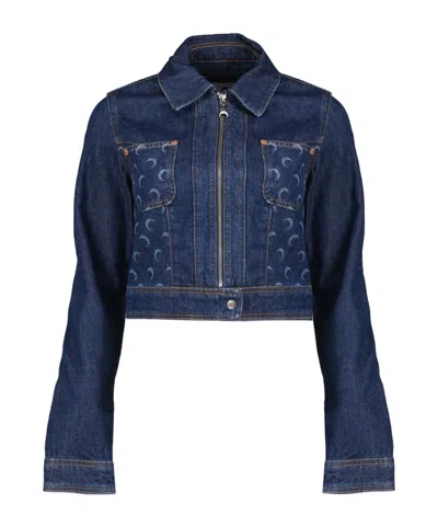 Marine Serre Moon Printed Cropped Denim Jacket In Blue