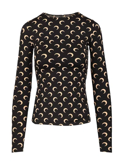 Marine Serre Moon Printed Jersey Ls Crewneck Top Tops Black