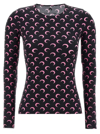 Marine Serre Moon Printed Jersey Second Skin T-shirt Pink In Black