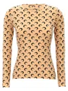Marine Serre Beige Crewneck T-shirt With All-over Crescent Moon Print In Tech Fabric Stretch Woman