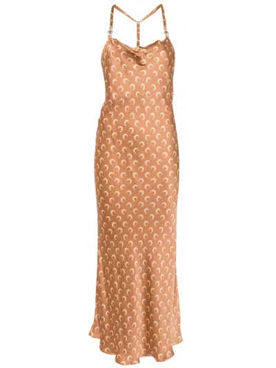 MARINE SERRE MOON PRINTED SATIN LONG DRESS WOMAN CAMEL