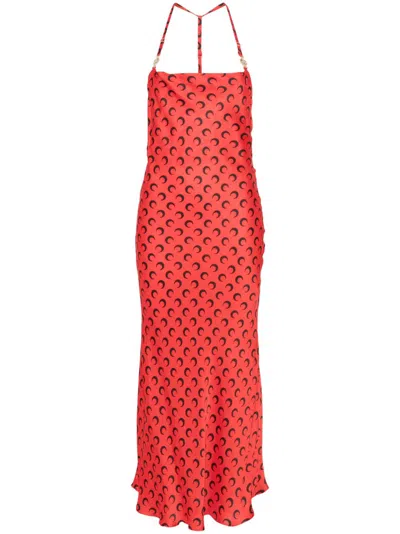MARINE SERRE MOON PRINTED SATIN LONG DRESS WOMAN RED