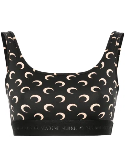 Marine Serre Black Top With All-over Crescent Moon Print