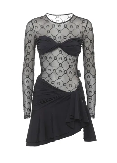 Marine Serre Moon Tulle Dress With Asymmetrical Hem And Structured Detailing In Black