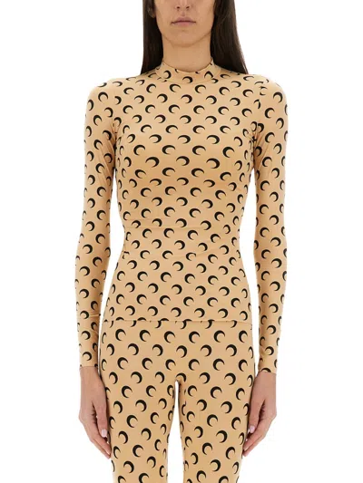 Marine Serre Moon Turtleneck Tshirt In Beige