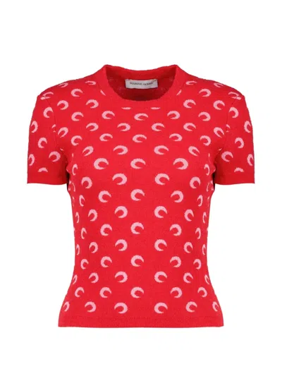 Marine Serre Moon Jacquard Bouclette Crewneck T-shirt Organic-cotton In Red