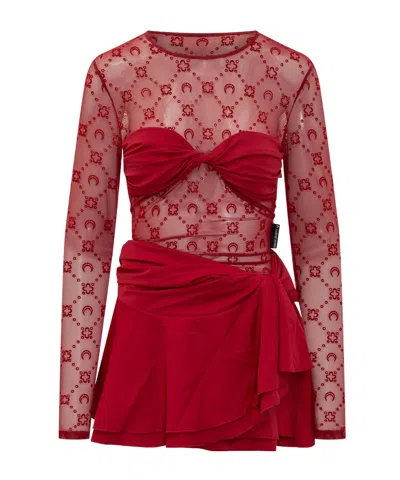 Marine Serre Moonogram Flock Ruffle Mini Dress In Red