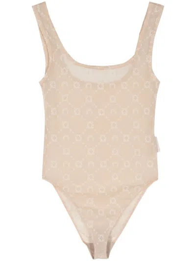 Marine Serre Moonogram Flocked Mesh Bodysuit In Neutrals