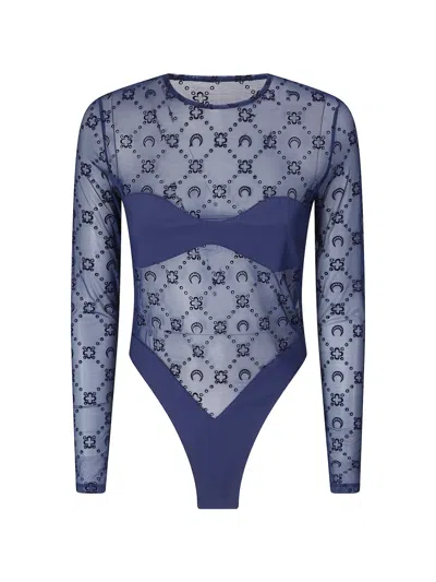 Marine Serre Moonogram Flock-print Mesh Bodysuit In Blue