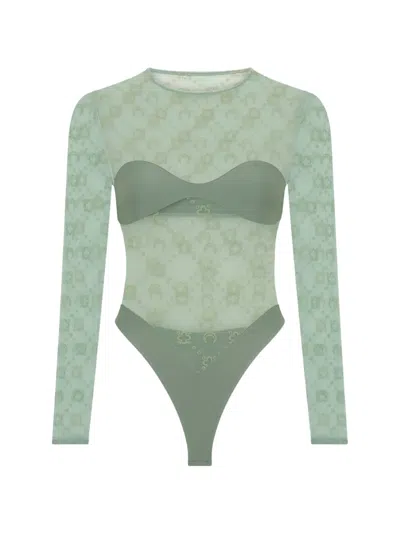 Marine Serre Moonogram Long-sleeve Bodysuit In Green
