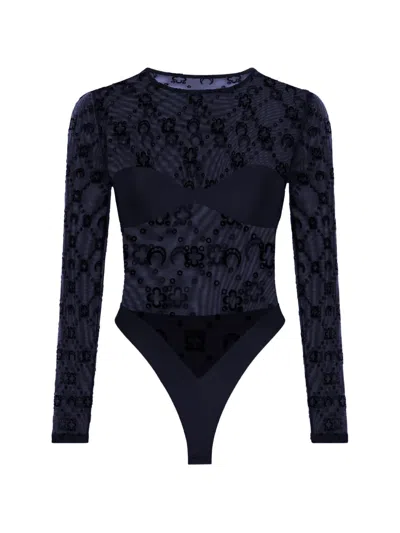 Marine Serre Moonogram Mesh Flock Ls Bodysuit Top Woman Balck In Black
