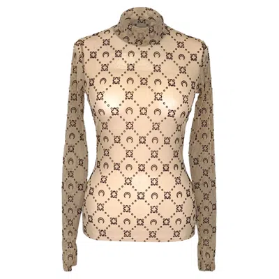 Marine Serre Moonogram Mesh Flock High Neck Top In Beige Polyamide In Brown