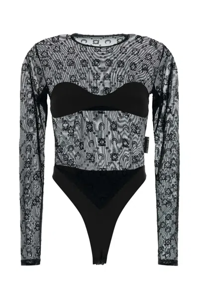 Marine Serre Moonogram Mesh Flock Ls Bodysuit Top In Black