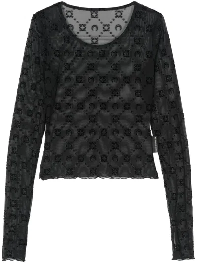Marine Serre Moonogram Mesh Flock Ls Cropped Top In Black