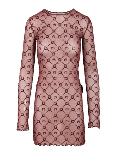 Marine Serre Moonogram Mesh Flock Ls Mini Crewneck Dress Dresses Violet In Brown