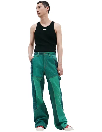 Marine Serre Monogram Jacquard Patchwork Straight-leg Jeans In Green