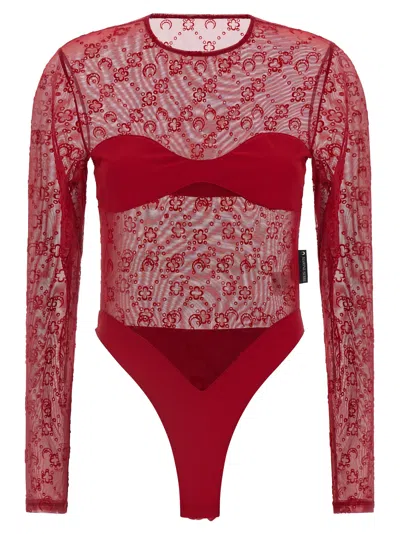 Marine Serre Moonogram Lace Bodysuit Long Sleeves In Multi