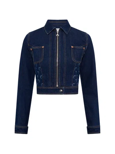Marine Serre Moon-print Cropped Denim Jacket In Blue