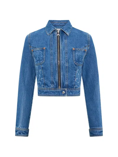 Marine Serre Moon-print Cropped Denim Jacket In Blue