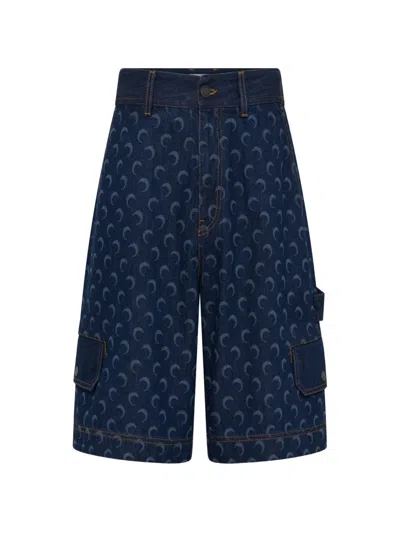 Marine Serre Moon-print Denim Shorts In Blue