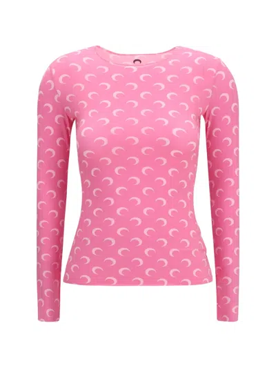 Marine Serre Long-sleeve Top With Iconic All-over Contrasting Moon Logo Print In Pink