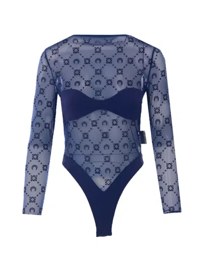 Marine Serre Moonogram Flock-print Mesh Bodysuit In Blue