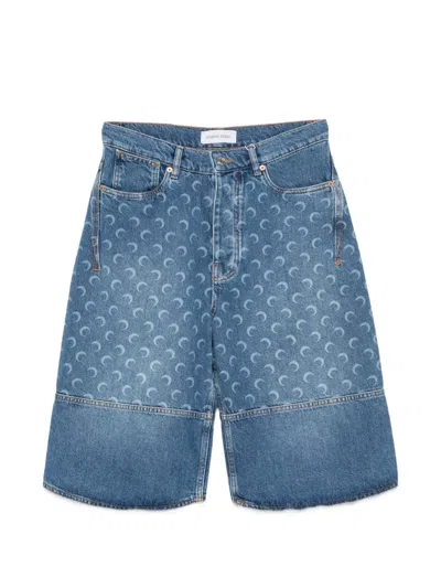 Marine Serre Moon-print Panelled Denim Shorts In Blue