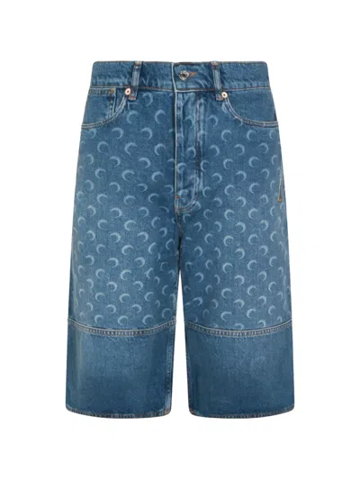 Marine Serre Moon-print Panelled Shorts In Blue