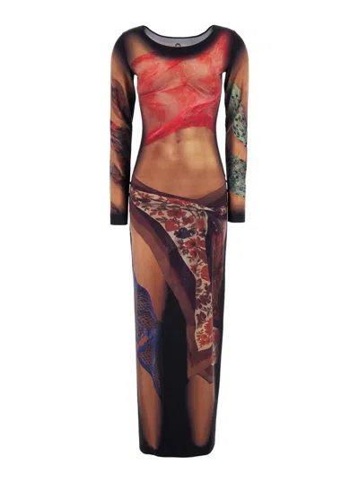 Marine Serre Multicolor Long Dress With All-over Graphic Print In Tech Fabric Woman In Beige