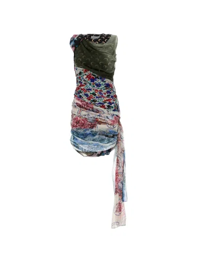 Marine Serre Upcycled Silk Scarves Draped Dress In Animal Print