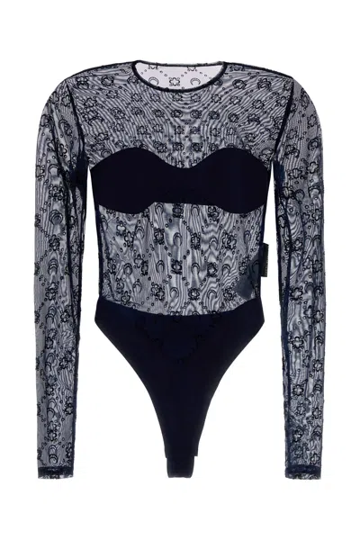 Marine Serre Stretch Tulle Bodysuit Floral Pattern Long Sleeves In Blue