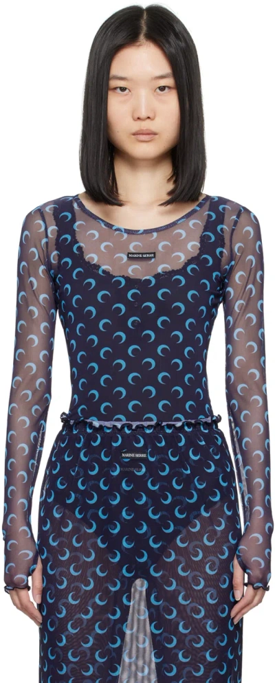 Marine Serre Navy Moon Printed Long Sleeve T-shirt In Bl90 Navy