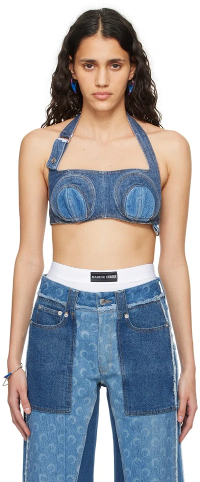 Marine Serre Regenerated Denim Cropped Top In Bl90 Navy
