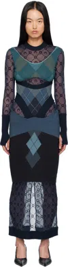 Marine Serre Navy Upcycled Argyle Knit Midi Dress In Bl07 Ultramarine